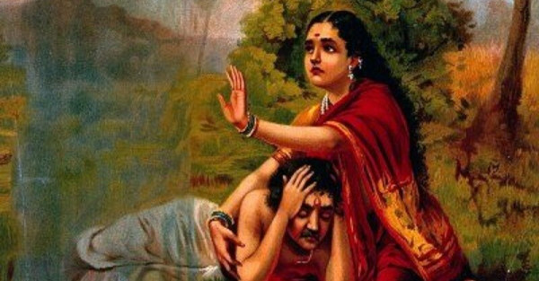 An Indian woman, Savitri, protecting her husband Satyavan from the god of death, Yama, persuading the deity to restore his life.