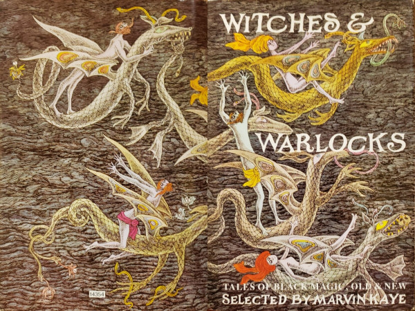 A composite photo of the Edward Gorey wrap-around illustration on the dust-jacket of "Witches and Warlocks – Tales of Black Magic, Old and New, selected by Marvin Kaye."

The spine of this cover is not shown here. I forgot to photograph that part.

Six long, thin dragons, in varying hues of brown to gold, fly in chaotic swirls through a darkened sky, each ridden by a witch or warlock.