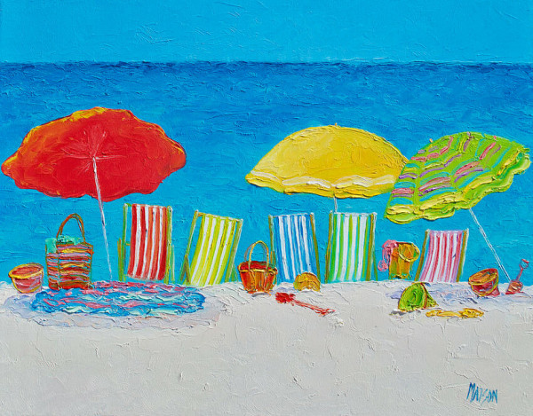 Painting of a beach scene of colorful umbrellas, chairs, and other beach-related things.