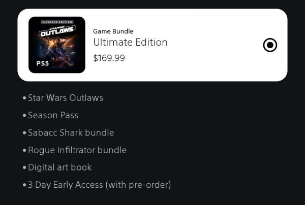 Advertisement for a video game bundle titled "Ultimate Edition" for PS5, priced at $169.99, including the game "Star Wars Outlaws," a season pass, two in-game bundles, a digital art book, and early access with