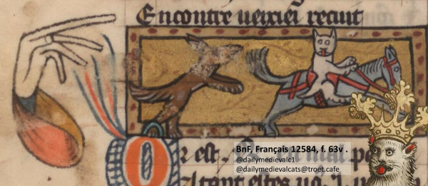 Picture from a medieval manuscript: A picture of a white cat riding a horse away from a fox. To the left is a hand with long fingers.