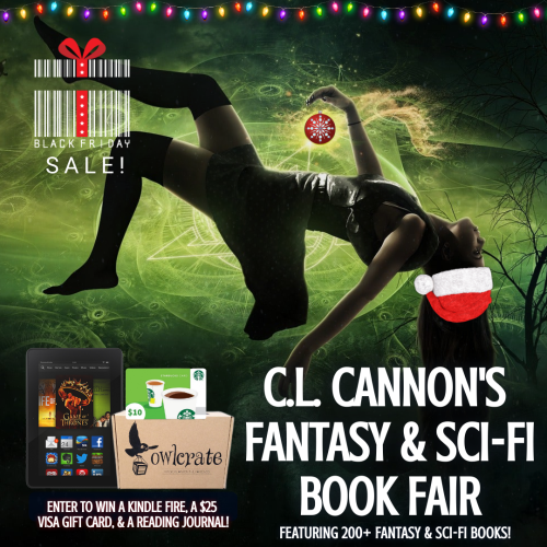 C.L. Cannon's Fantasy & Sci-Fi Book Fair, featuring over 200 indie authors! Enter to win a Kindle Fire, $10 Starbucks gift card, and a 1-month subscription to Owlcrate! A goth girl levitating in repose above a green light witch sign near a bare winter tree. She has a Santa hat on her head and a red-white start Christmas ornament in her hand. 