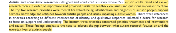 "Autistic and non-autistic researchers designed and conducted a survey where 225 autistic adults rated and ranked research topics in order of importance and provided qualitative feedback on issues and questions important to them. The top five research priorities were mental health/well-being, identification and diagnosis of autistic people, support services, knowledge and attitudes towards autistic people and issues impacting autistic women. There were differences in priorities according to different intersections of identity, and qualitative responses indicated a desire for research to focus on support and understanding. The bottom three priorities concerned genetics, treatments and interventions and causes. These findings emphasise the need to address the gap between what autism research focuses on and the everyday lives of autistic people."
- excerpt from the linked study's abstract