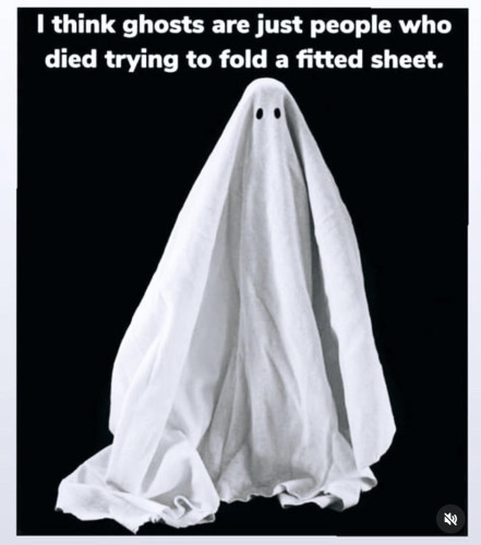 Text: I think ghosts are just people who died trying to fold a fitted sheet.
[Picture of a traditional sheet ghost]