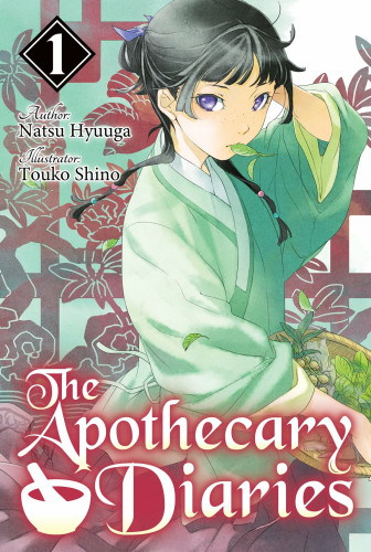 The cover of The Apothecary Diaries Vol. 1 light novel. Features the main character, Maomao, in a green outfit, holding a basket filled with herbs with her right hand, while her left is holding onto the side of her head, as of trying to make sure her hair isn't mussed by the wind. She is holding a leaf in her mouth while looking off towards the left of the image. 