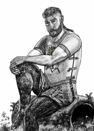 Zeichnung eines sitzenden Kriegers mit felligen Beinen und Krallen.