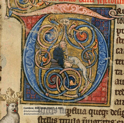 Picture from a medieval manuscript: A cat takes food