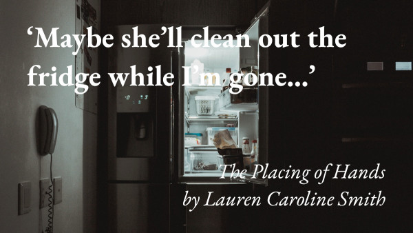 An open fridge glows in the darkness, with a quote from Lauren Caroline Smith's short story The Placing of Hands: 'Maybe she'll clean out the fridge while I'm gone…'