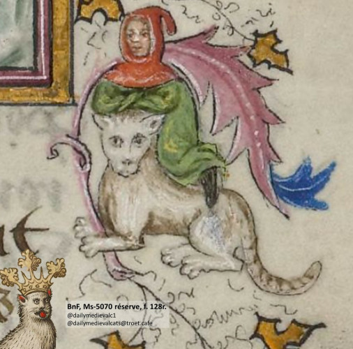 Picture from a medieval manuscript: A large cat with a person hovering weirdly above it.