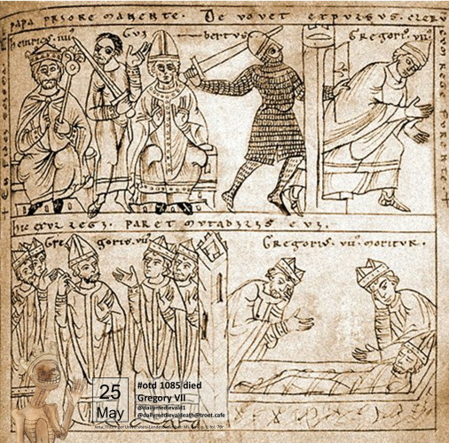 The illustrations show (above) the flight from Rome, (below) exile and death.