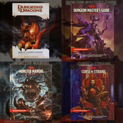 A composite image of 4 books, as follows:

Top left:
DUNGEONS DRAGONS ESSENTIALS, RULES COMPENDIUM™, A GAME REFERENCE FOR ALL PLAYERS. Rob Heinsoo, Andy Collins, James Wyatt, Jeremy Crawford.

A red dragon at close range, flying in to attack the reader, its claws in the foreground and the glow of fire-breath burgeoning in the back of the throat of it's toothsome open maw.

Top right 
D&D DUNGEON MASTER'S GUIDE. DUNGEONS & DRAGONS. Everything a Dungeon Master needs to weave legendary stories for the world's greatest roleplaying game.

An enormous skeletal wizard conjures a spell as an armored adventurer attempts to flee the scene.

Bottom left:
D&D MONSTER MANUAL. DUNGEONS & DRAGONS. A menagerie of deadly monsters for the world's greatest roleplaying game.

A horrendous and giant floating head, fanged and cycloptic, takes a dwarven warrior and human thief by surprise. It's a Beholder! Instead of hair it has about a dozen tentacles, each with an eyeball at the end, observing everything there is to see.

Bottom right:
CURSE OF STRAHD. DUNGEONS & DRAGONS. Unravel the mysteries of Ravenloft in this dread adventure for the world's greatest roleplaying game.

A well-dressed vampire sits upon a throne in a vaguely Victorian-style room, a candelabra standing nearby. He holds a wine glass in one hand and what appears to be a tarot card in the other.