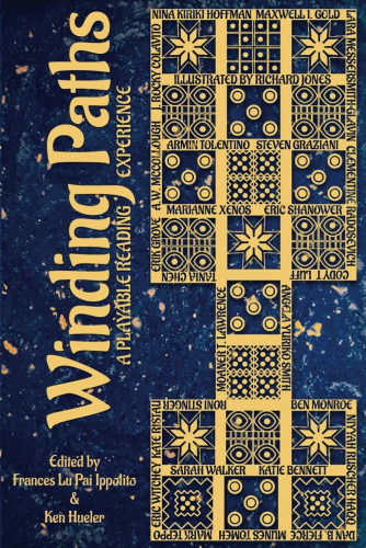 Cover - Winding Paths Anthology - Stylized golden squares displaying author names over a mottled dark blue background