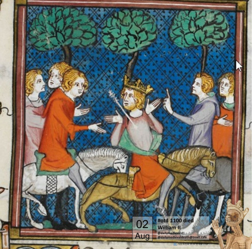 A king on horseback with an arrow in his chest discusses with his attendants.
