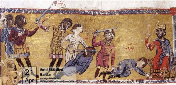 A group of men slay Bardas at the feet of the enthroned emperor