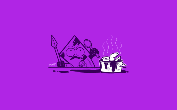 Dom, a purple diamond, triumphantly thrusts a spoon in the air with a crazed look. He is dressed like a Spartan and holds a spear in his other hand. 

In front of him sits a pot of steaming soup made with blood, and pig parts float at the top. Blood is everywhere around, and smeared on Dom's face.