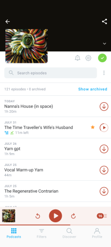 Screenshot of pocketcast podcast page for the other others podcast (episode in question is started and downloaded and titled the time traveller's wife's husband)