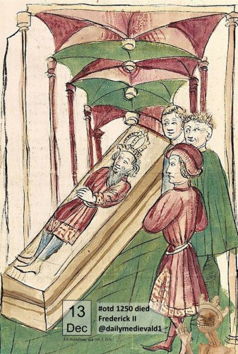The picture shows the deceased lying on a bier - he is wearing a red robe, has a beard and is crowned. To the right of the bier are three mourners. The scene is depicted under a canopy.