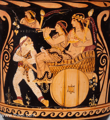 Dionysus and a Maenad ride in a wagon drawn by Silenus. The god wears a headband bound with ivy and holds a thyrsus (pine-cone tipped staff) and a plate of fruit. The Maenad, perched on the side of the wagon, plays a set of double pipes. A bird, perhaps a dove, sits on her lap. Silenus is depicted as a comical, old man with an upturned nose and bestial ears, covered in a coat of fluffy, white fur. He wears a headband, deer- or leopard-skin cloak and a pair of shoes. The spirit Hybris (Hubris or Violence) flies above them in the guise of a Maenad bearing a thyrsus staff. The god's wagon is decorated with cross-hatch patterns, hung with a pair of wreaths, and cushioned.