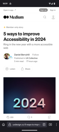 Medium article headlined: “5 Ways to Improve Accessibility in 2024;  ring in the new year with a more accessible web.” Listed as a member-only story, a five minute read, and published in UX Collective.