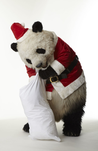 Plushy Panda in a Santa Claus coustume with a white bag with presents.