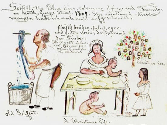 Lewis Miller’s drawing showing Christmas tree - Wikimedia Commons - https://commons.wikimedia.org/wiki/File:Lewis_Miller%E2%80%99s_drawing_showing_Christmas_tree.jpg

he drawing appears to depict the family of blue dyer Seifert with their Christmas tree in 1809.
Artist Lewis Miller (1796-1882)
It is unknown when he drew the picture, while possibly not the earliest drawing of a Christmas tree in the U.S., the drawing with the Christmas tree may have been the earliest to have been drawn by an eyewitnesses account.