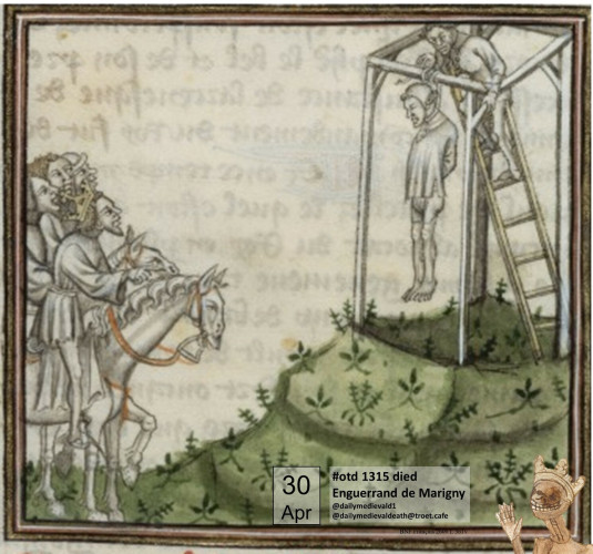 The picture shows him being hanged before the eyes of the king.