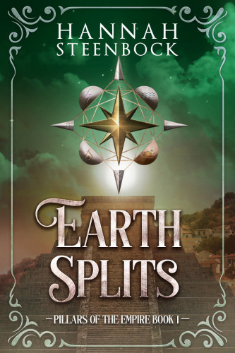 Cover of “Earth Splits”, Pillars of the Empire Book 1 by Hannah Steenbock

On the green-brown cover, a pyramid hides behind the letters of the title. Above it hovers, a compass rose with a golden center star. Between the points, half-circles sit, sporting images representing the four elements. Earth’s bubble is golden and copper. In the background, houses of a town sit on a sloping hill. An ornamental border adorns the cover.