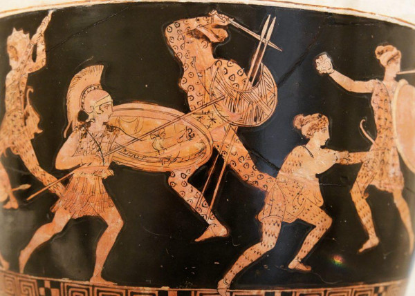 Red figure vase painting of women fighting. One is dressed like Greek hoplite soldiers, the others are dressed like Phrygian soldiers, but they are all women.