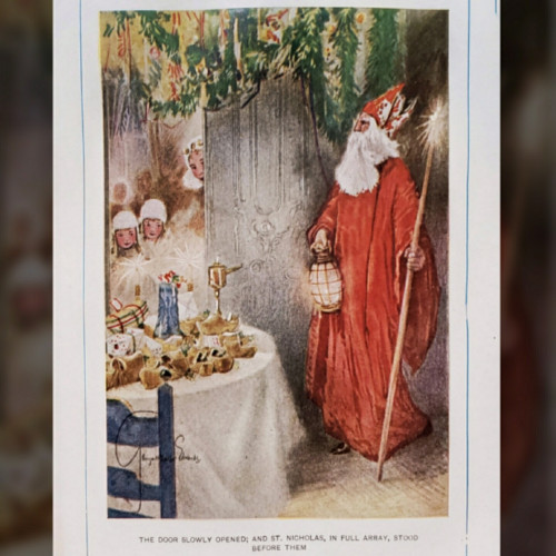 An illustration from a 1925 edition of "Hans Brinker" or "The Silver Skates" by Mary Mapes Dodge.

Children at a party enter a room in which they find Saint Nick and a table filled with sweets.

The caption reads, "The door slowly opened; and St. Nicholas, in full array, stood before them."