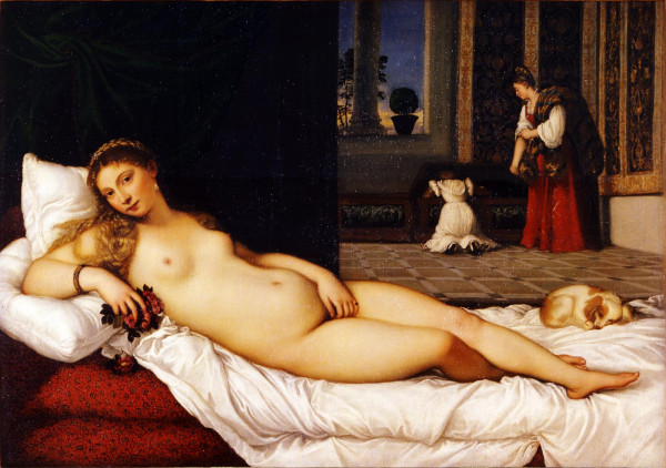 Painting by Titian, called "Venere di Urbino" showing a naked woman lying on a bed.