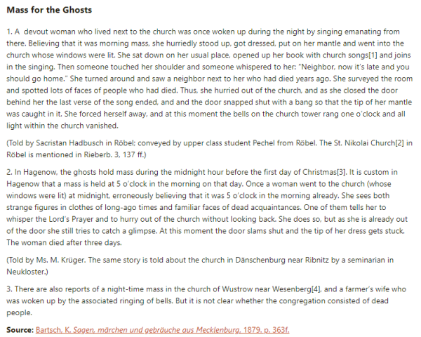 German folk tale "Mass for the Ghosts". Drop me a line if you want a machine-readable transcript!