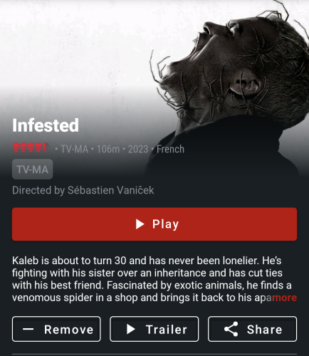 Screenshot of the movie art and synopsis of INFESTED now streaming on Shudder