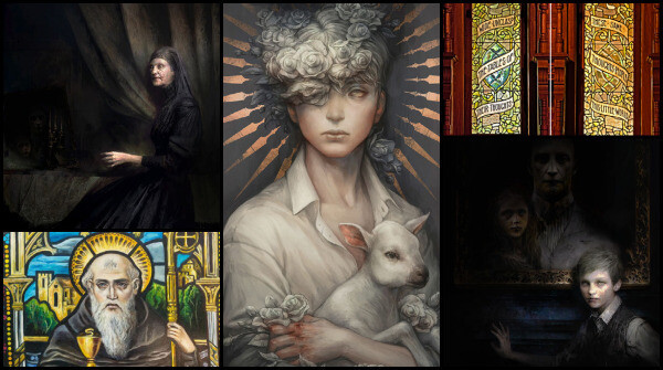 Moodboard showing a collage of images. Top left image shows an old woman in a black gown sitting in front of a murky portrait of a man and a girl. Top right image shows a detail of a stained glass window with the text "wide unclasp the tables of their thoughts" in one pane and "these same thoughts people this little world". The bottom right image shows the same portrait in the upper left panel, but this time the portrait is more close up, and a young boy stands before it. The lower left corner shows a detail of a stained glass window with St. Benedict in black robes. The middle image is of a young boy holding a lamb and wearing a crown of roses. He is very pale, his hands are bloodstained, and he looks at the viewer with an unnervingly dead air about him. 