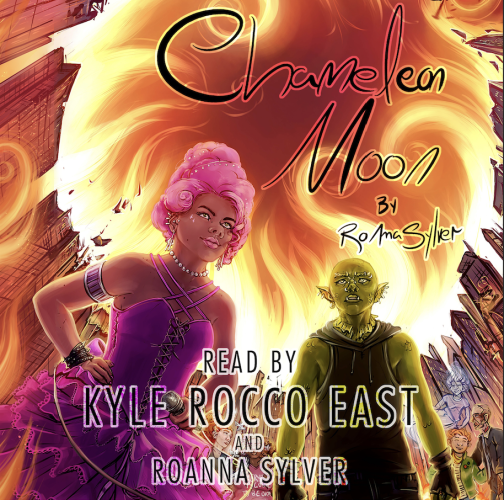 The audiobook cover to CHAMELEON MOON, featuring an anxious-looking green-scaly dragon boy, and a pink-haired, punk-looking Black superheroine, standing together with many smaller figures against a fiery city background