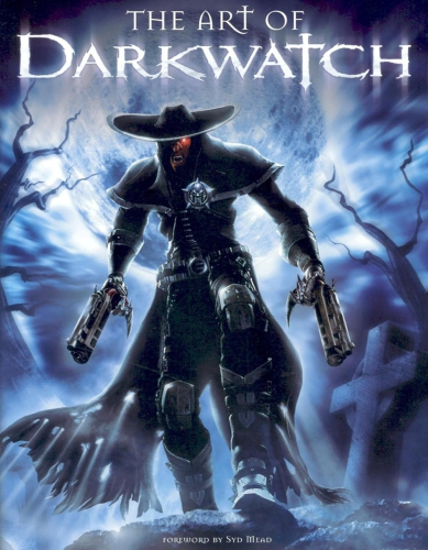 The cover for The Art of Darkwatch. A fanged character with a wide-brimmed hat and black and tattered steampunk western clothes is wielding 2 pistols against a blue moon and graveyard backdrop.  