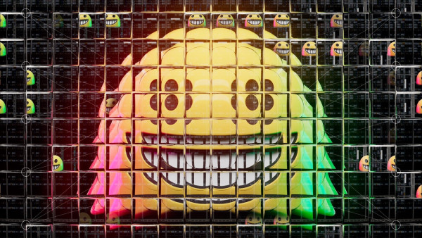 A smiling emoji. The image is refracted through a grid of squares, each of which has moved focus and repeats a part of the image, giving the whole thing an unusual and striking effect.