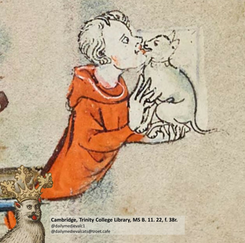 Picture from a medieval manuscript: A cat is being kissed.