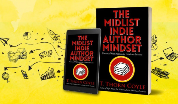 The Midlist Indie Author Mindset paperback and ebook in front of illustrations of a rocket ship, globe, books, computer, money, etc
