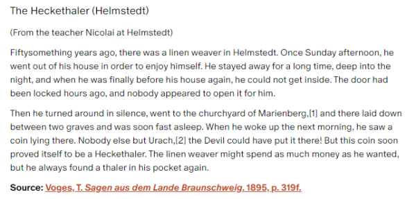 German folk tale "The Heckethaler (Helmstedt)". Drop me a line if you want a machine-readable transcript!