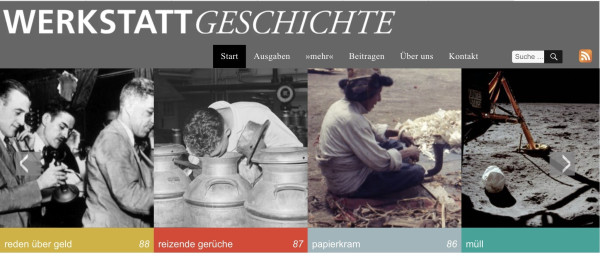 Screenshot des Sliders im Header der Website der WerkstattGeschichte, in dem die Cover-Abbildungen der letzten vier Hefte zu sehen sind.