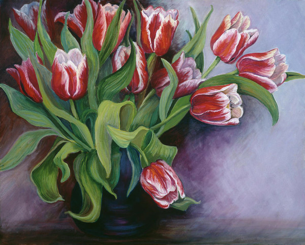 Painting of a bunch of red tulips with white centers and tops with lots of healthy green foliage against a neutral blue-grey background.