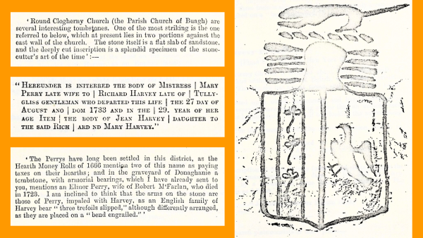 Transcript of a gravestone inscription along with a rubbing of a coat of arms that was carved on the gravestone and related commentary.