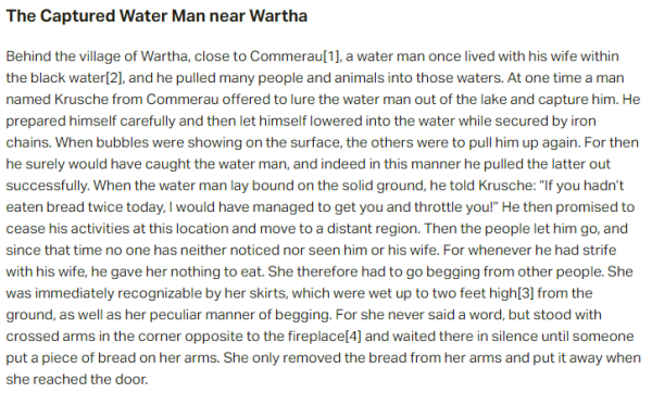 Part 1 of German folk tale "The Captured Water Man near Wartha". Drop me a line if you want a machine-readable transcript!