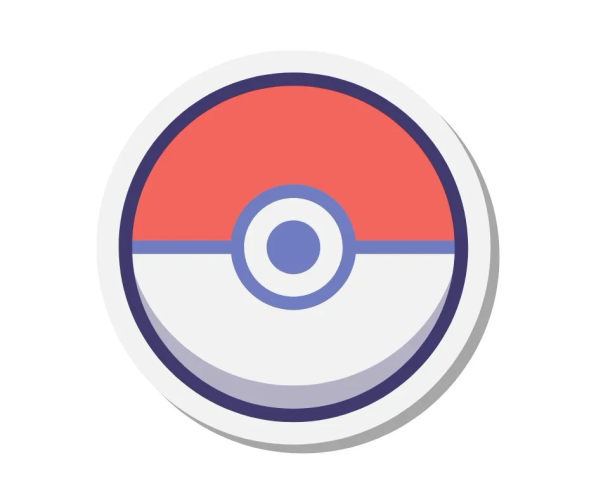 A red and white Pokeball with a dark blue outline on a white background. 