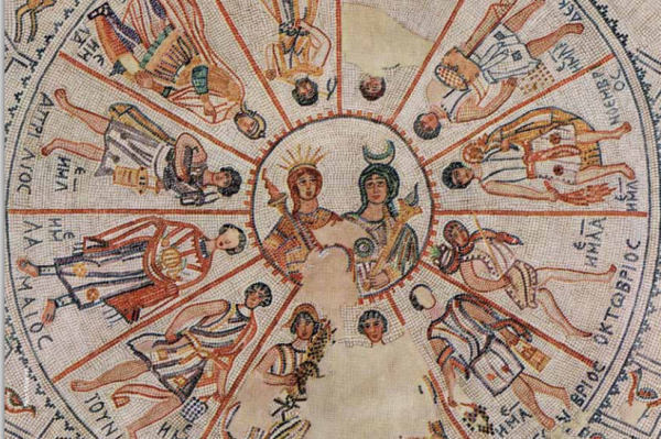 Roman mosaic of Helios, Selene, and the 12 labours of the months. Each figure is labeled at its feet with the number of days in the month indicated by Greek letters, as well as the Latin name of the month transcribed in Greek letters.