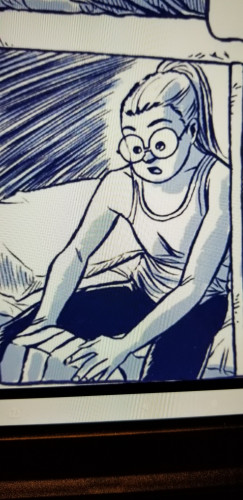 Screenshot of a single panel in a graphic novel. This is from ON THE WAY, by Paco Hernandez. The character shown is Emma, who is younger and fitter than I am, but otherwise looks like me: a blonde with round-frame glasses, long hair in a ponytail, wearing a tank top and exercise pants.