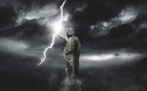 Photo edit of a sculpture of Zeus in the rain with a strike of lightning looking as if he is holding it.