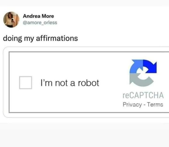 "doing my affirmations"
With a screenshot of the captcha graphic and the box to check that says "I'm not a robot"