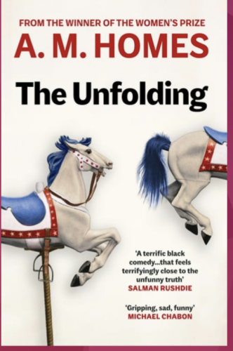 Cover of the ebook. Colour illustration  front and back of two carousel horses in red white and blue.