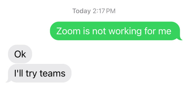 Screenshot of text conversation.

Person one (in green): Zoom is not working for me

Person two (in gray): OK, I'll try teams